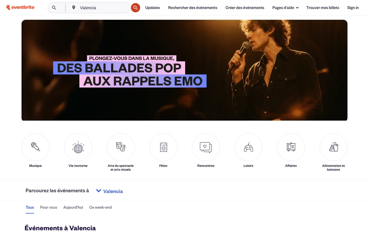 Page d'accueil de Eventbrite