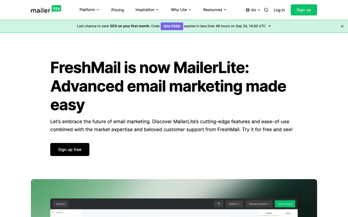 Page d'accueil de FreshMail