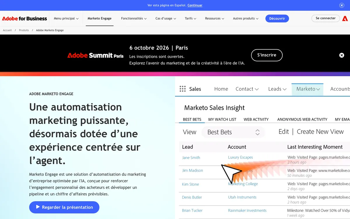 Page d'accueil de Adobe Marketo Engage