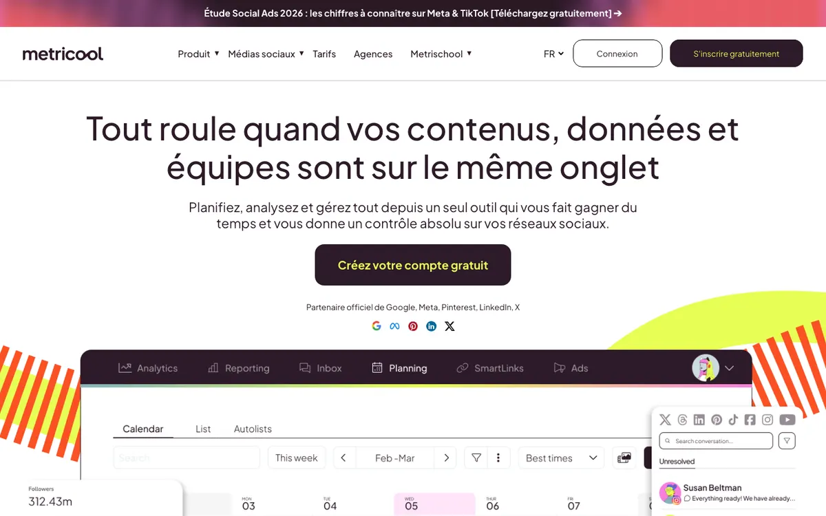 Page d'accueil de Metricool