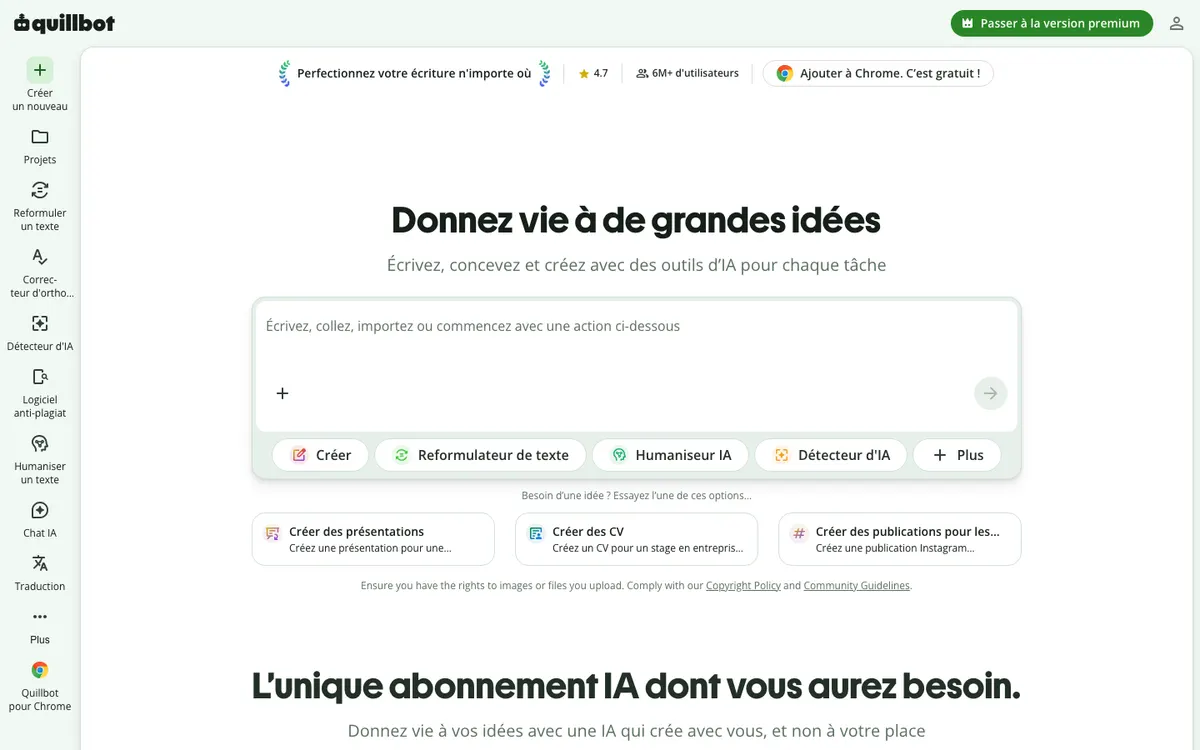 Page d'accueil de Quillbot