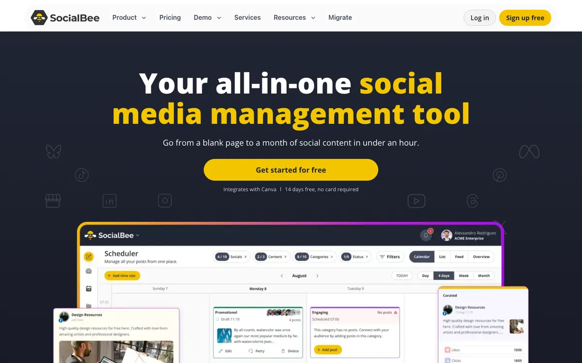 Page d'accueil de SocialBee