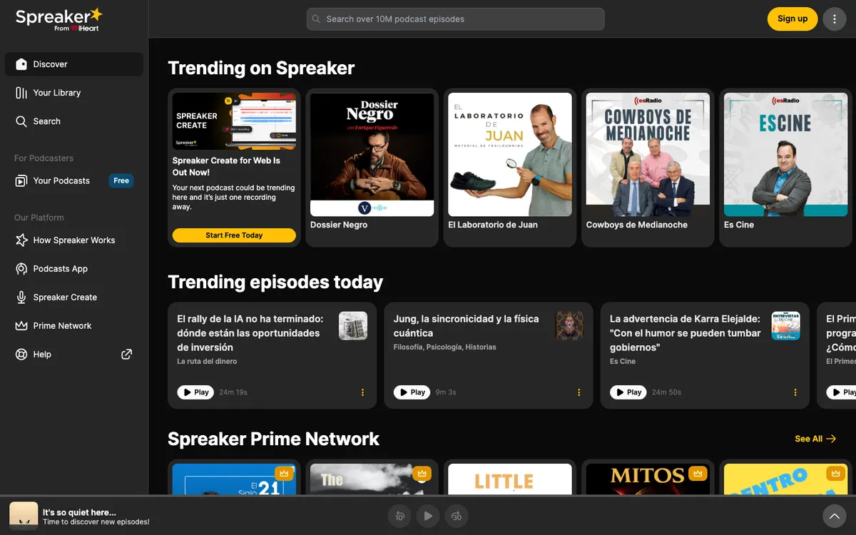 Page d'accueil de Spreaker