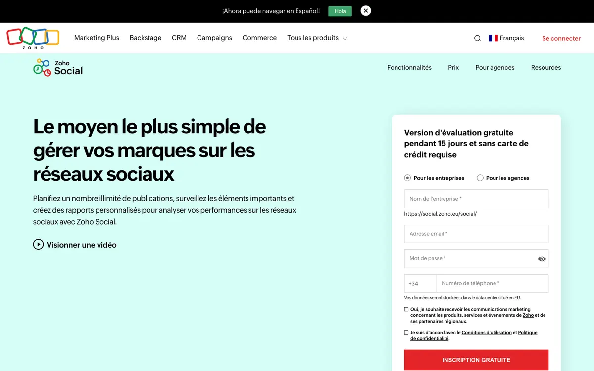 Page d'accueil de Zoho Social